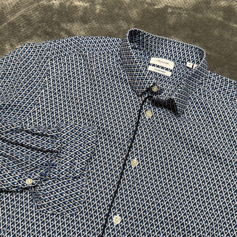 Faconnable Contemporary Mens Blue Geometric Diamond Print Cotton Shirt Size M